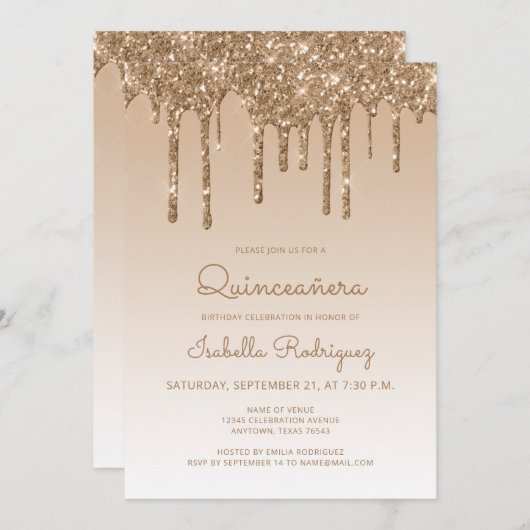 Chic Glitzer Tropfen Gold Quinceñera Einladung (Vorne/Hinten)
