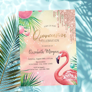 Chic Glitzer Tropfen Pink Flamingos Quinceañera Einladung