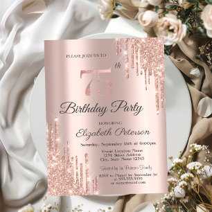Chic Glitzer Tropfen Rose Gold 75. Geburtstag Einladung