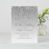 Chic Glitzer Tropfen Silver 80. Geburtstag Einladung (Stehend Vorderseite)