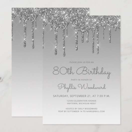 Chic Glitzer Tropfen Silver 80. Geburtstag Einladung (Vorne/Hinten)