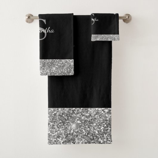 Chic Glitzer Tropfens Sparkle Silver Black Monogra Badhandtuch Set (Insitu)