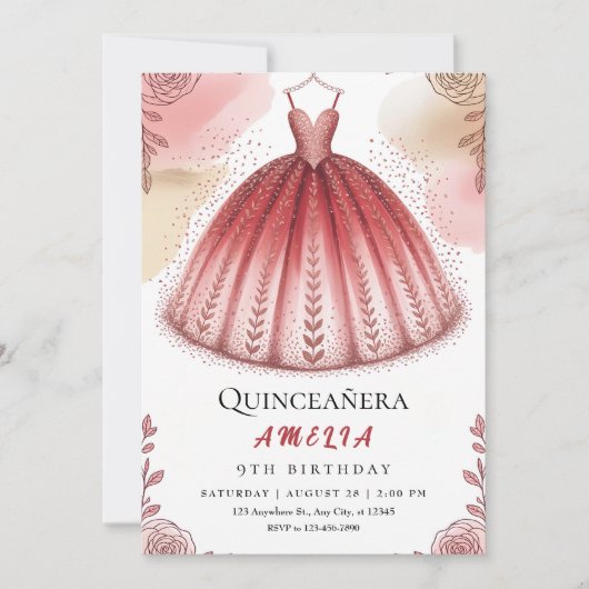 Chic Glitzer und Floral Quinceñera Einladung (Vorderseite)