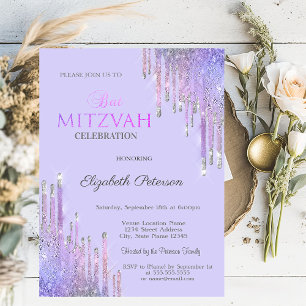 Chic Glitzer Violet Tropfens Lavander Bat Mitzvah Einladung