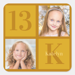 Chic Gold 2 Foto Collage Custom Geburtstagsparty Quadratischer Aufkleber