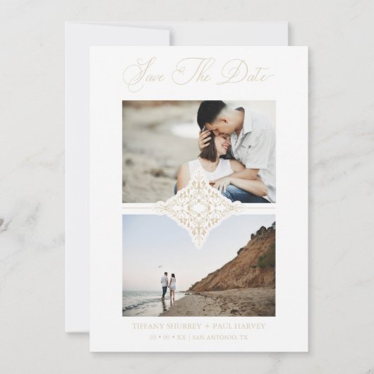 Chic Gold 2 Photos Ornament Sophisticated Wedding Save The Date (Vorderseite)