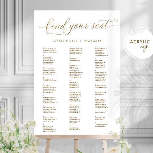 Chic Gold Alphabetical Seating Chart Acrylic Sign  Acrylschild