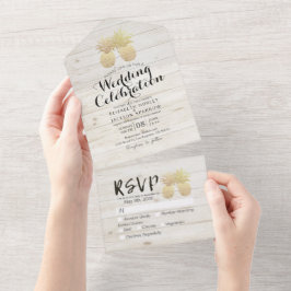 Chic Gold Ananas Couple White Wood Wedding RSVP All In One Einladung