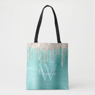 Chic Gold Aquamarin Tropfen Glitzer Monogram Glam Tasche