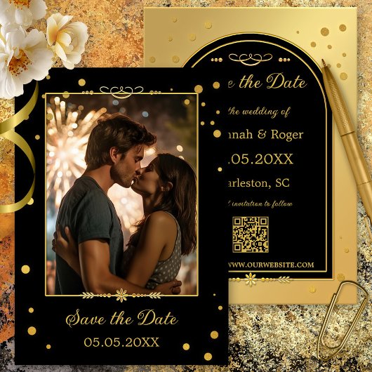 Chic Gold Black Confetti Foto Save the Date