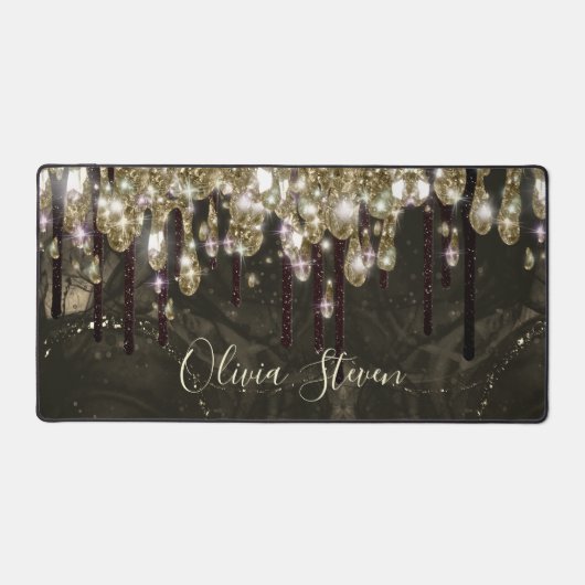 Chic gold Black Drippings Glitzer Monogramm Schreibtischunterlage (Vorderseite)