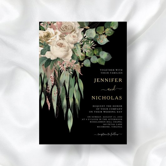 Chic Gold Black Floral Wedding Foil Einladung