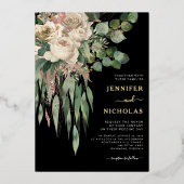 Chic Gold Black Floral Wedding Foil Einladung (Vorderseite)