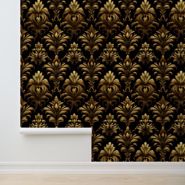 Chic Gold Black Ornamental Damask Peel and Stick Tapete (Anwendung)