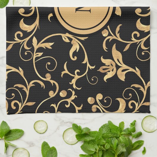 Chic Gold Black Royal Monogram Damask Geschirrtuch (Gefaltet)