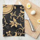 Chic Gold Black Royal Monogram Damask Geschirrtuch (Viertel Falte)