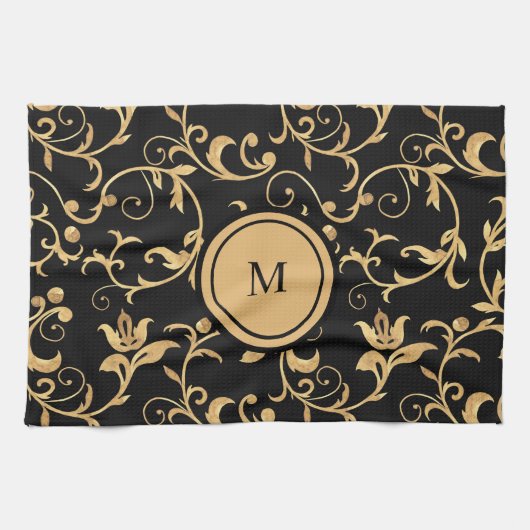 Chic Gold Black Royal Monogram Damask Geschirrtuch (Horizontal)
