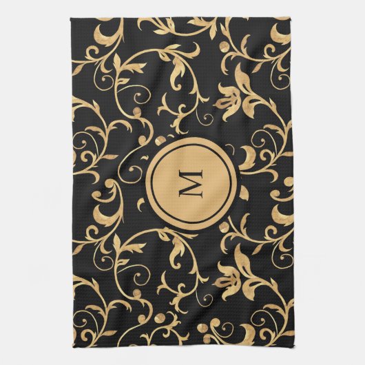 Chic Gold Black Royal Monogram Damask Geschirrtuch (Vertikal)