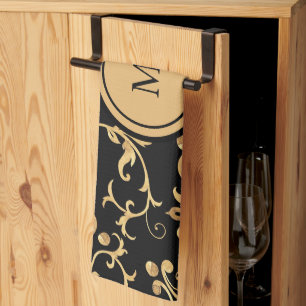 Chic Gold Black Royal Monogram Damask Geschirrtuch