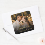 Chic Gold Black Script Hochzeit Danke Foto Quadratischer Aufkleber (Umschlag)