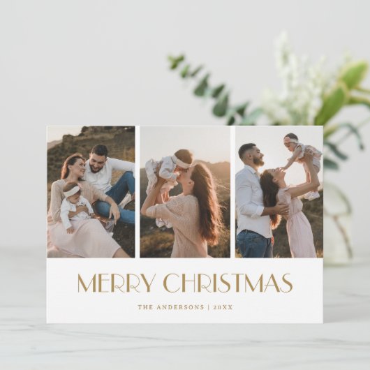 Chic Gold Black und White 3 Foto Frohe Weihnachten (Stehend Vorderseite)