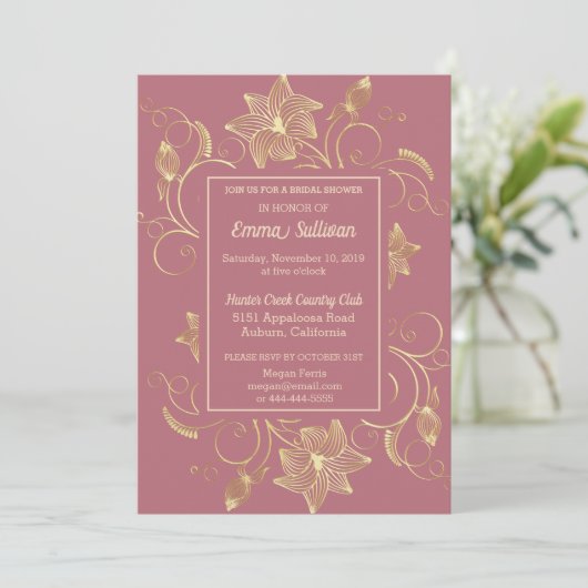 Chic Gold Blume Bridal Dusche Einladung (Stehend Vorderseite)