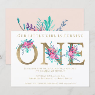Chic gold Blumenbrief 1. Geburtstag Rosa Einladung