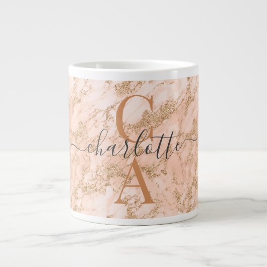 Chic Gold Blush Pink Marmor Glitzer Initialen Name Jumbo-Tasse (Vorderseite)