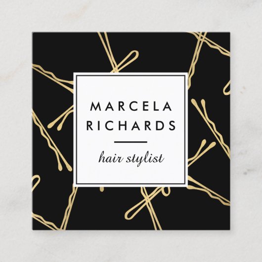 Chic Gold Bobby Buttone Friseur Stylist Salon Blac Quadratische Visitenkarte (Vorderseite)