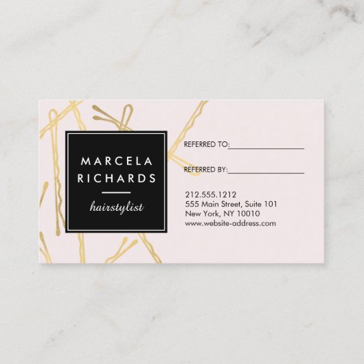 Chic Gold Bobby Buttone Haarsalon Rosa Empfehlungs Empfehlungskarte (Rückseite)