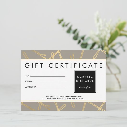 Chic Gold Bobby Buttons Friseur Graue Geschenkkart (Stehend Vorderseite)