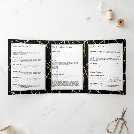 Chic Gold Bobby Buttons Friseur Schwarzer Broschür Dreifach Gefaltete Karte (Innenseite)