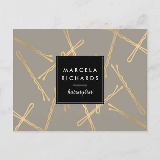 Chic Gold Bobby Buttons Friseur Stylist Salon Grau Postkarte (Vorderseite)
