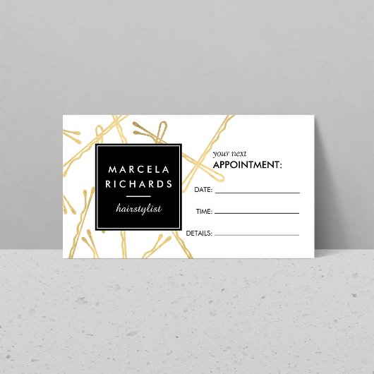 Chic Gold Bobby Buttons Haar Stylist Terminkarte