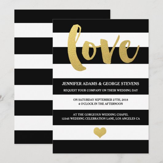Chic Gold | Bold Black Stripe Wedding Einladung (Vorne/Hinten)