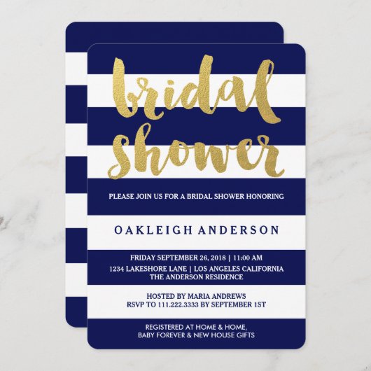 Chic Gold | Bold Blue Stripe Brautparty laden Einladung (Vorne/Hinten)