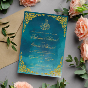 Chic Gold Border Türkis Islamische Hochzeit Einladung