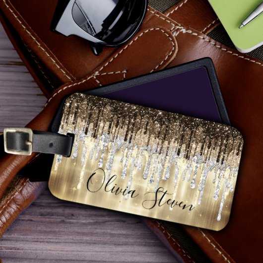 Chic gold braune Tropfen Glitzer Monogramm Gepäckanhänger