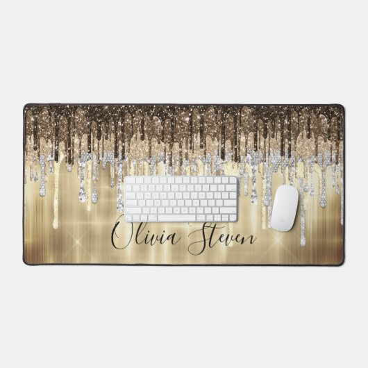 Chic gold braune Tropfen Glitzer Monogramm Schreibtischunterlage (Tastatur & Maus)