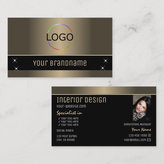 Chic Gold Brown Black Stilvoll mit Logos und Foto Visitenkarte (Vorne/Hinten)