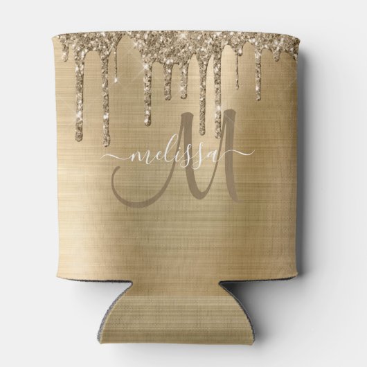 Chic Gold Brushed Metal Dripping Glitzer Monogram Dosenkühler (Rückseite)