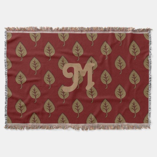 Chic Gold Burgundy Red Leaf Custom Monogram Decke (Vorderseite)