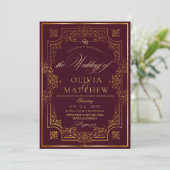 Chic Gold Burgundy Script Einladung (Stehend Vorderseite)