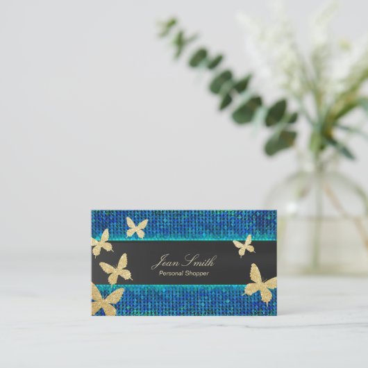 Chic Gold Butterfliegen Aquamarin & Blue Personal Visitenkarte (Stehend Vorderseite)