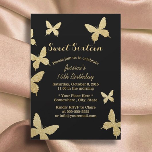 Chic Gold Butterflies Sweet 16 Einladungen