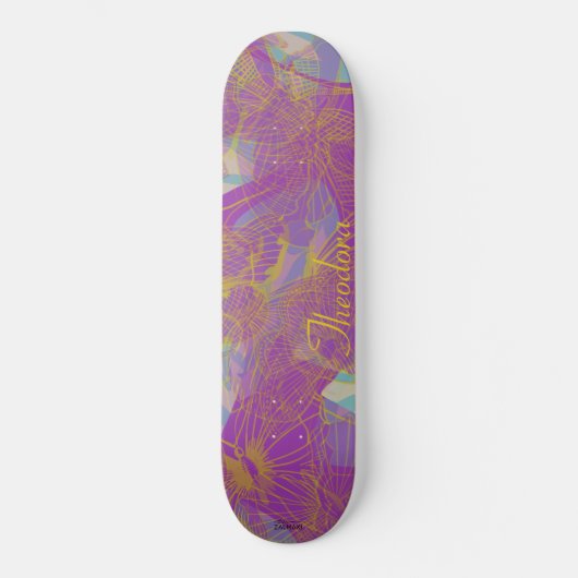 Chic Gold Butterfly Aqua Violet Muster Skateboard (Vorderseite)