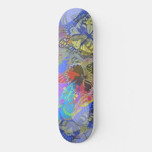 Chic Gold Butterfly Bleu Yellow Skateboard (Vorderseite)