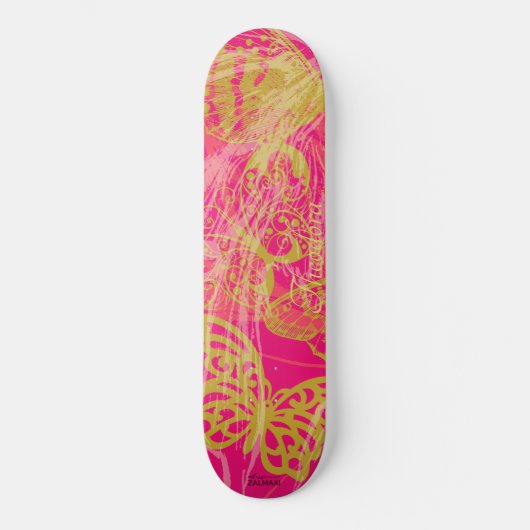 Chic Gold Butterfly Fuchsia Skateboard (Vorderseite)