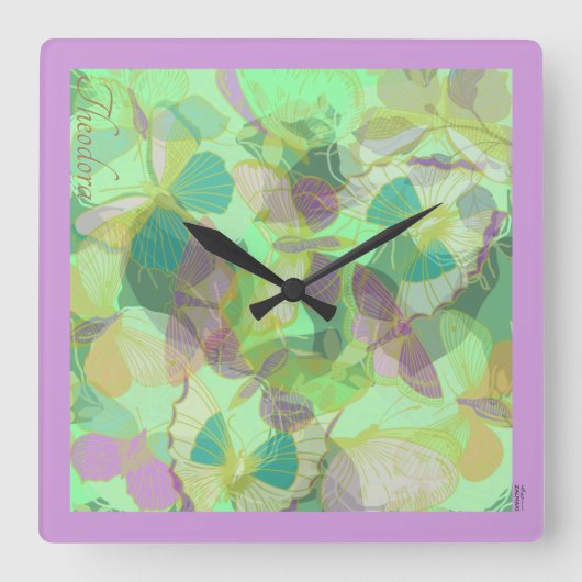 Chic Gold Butterfly Pistachio Violet Quadratische Wanduhr (Vorderseite)