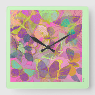 Chic Gold Butterfly Turquoise Violet Quadratische Wanduhr